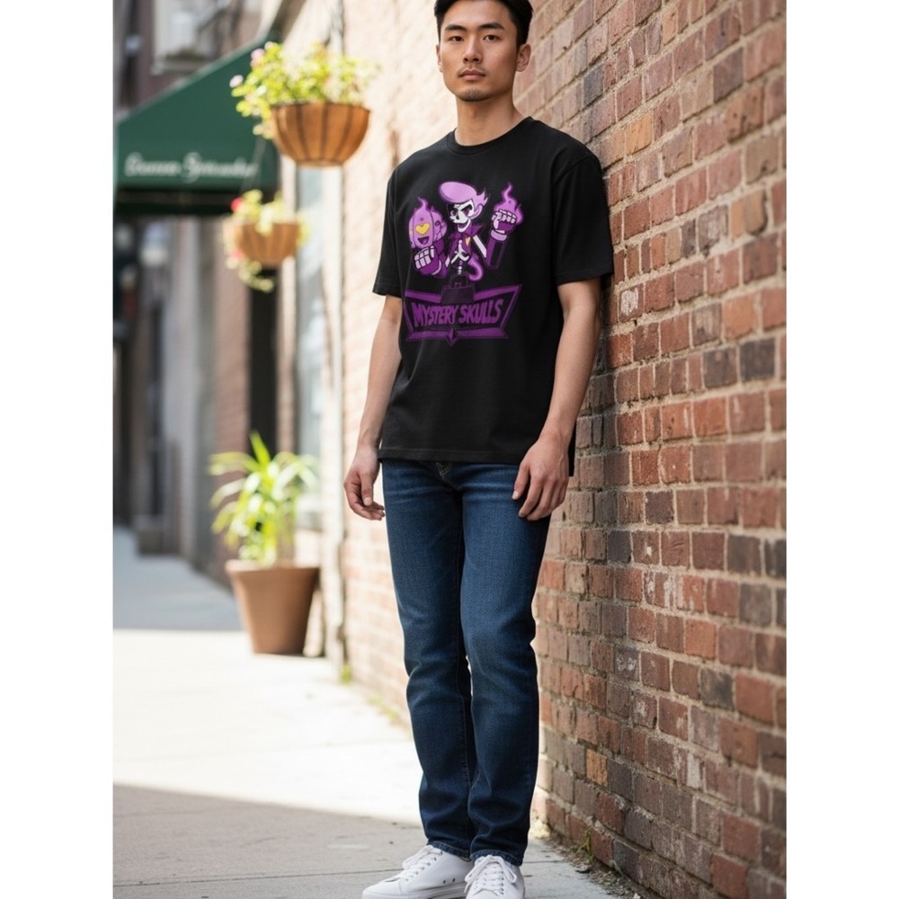 Mystery Skulls Purple Graphic Band Tee Black Cotton Shirt M Streetwear Music GUC - Picture 4 of 16